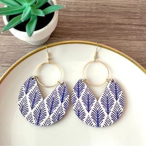 2/$30🌵 Boho Blue Leaf Pattern Wood Circle Round Earrings Large Statement NEW